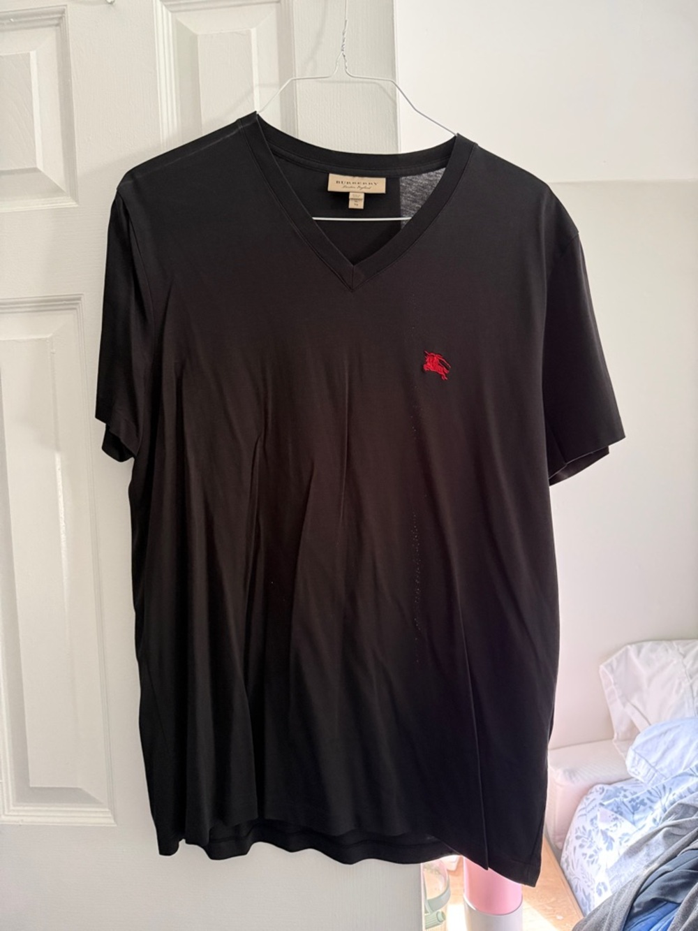 Burberry Black V-Neck Tee with Red Logo
